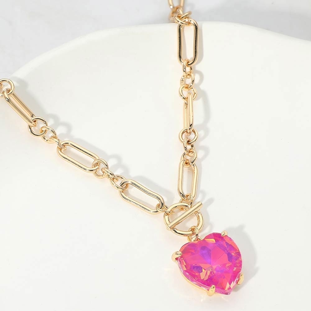 Plum Heart Toggle Paperclip Link Crystal Pendant Necklace Gold Jewelry Chain